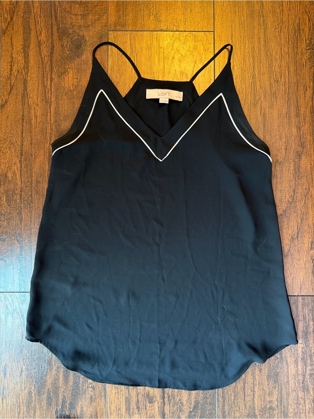 LOFT Black Satin V-Neck Cami with White Piping